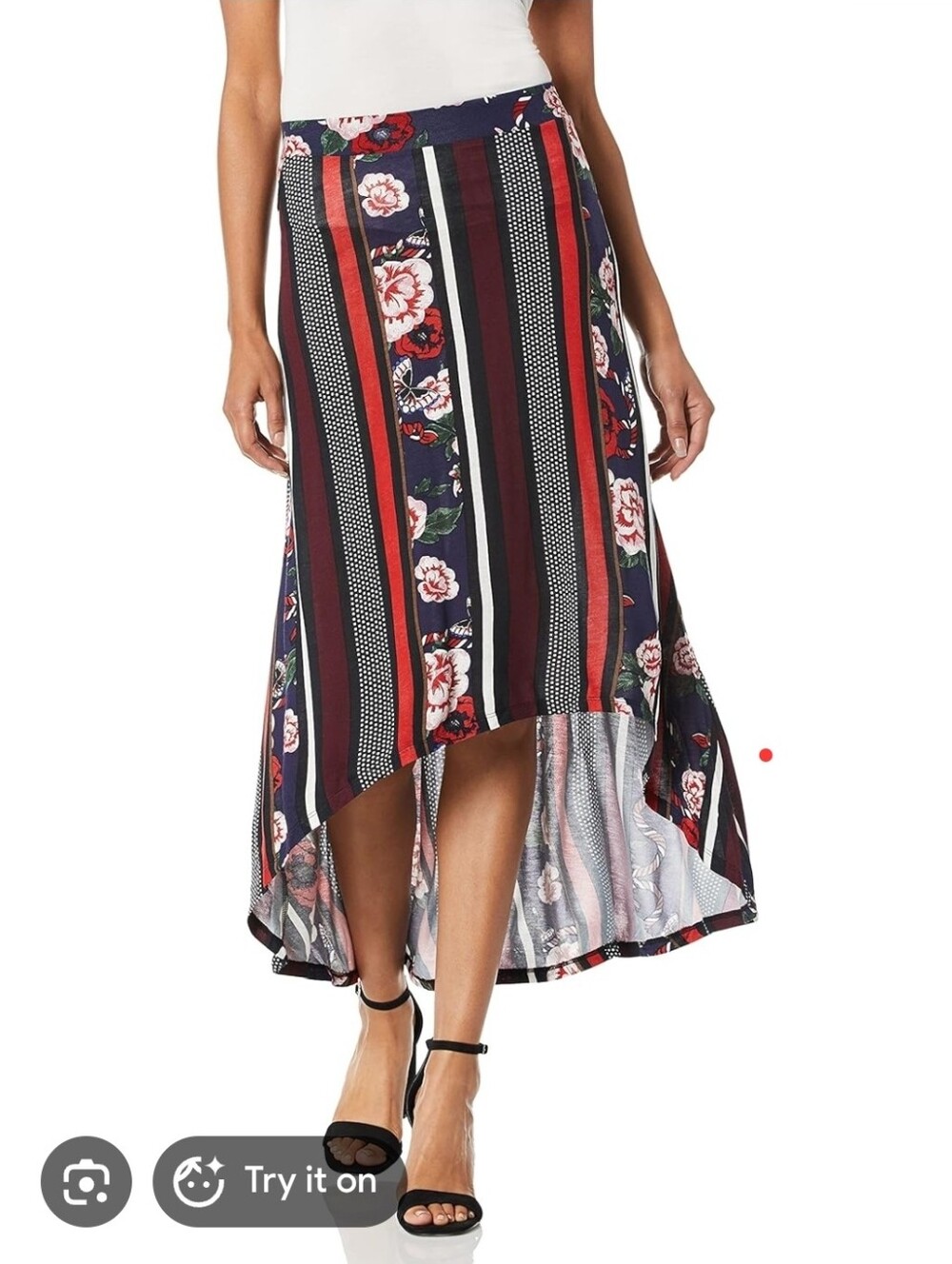 Desigual Navy and Red Striped Floral High-Low Skirt
